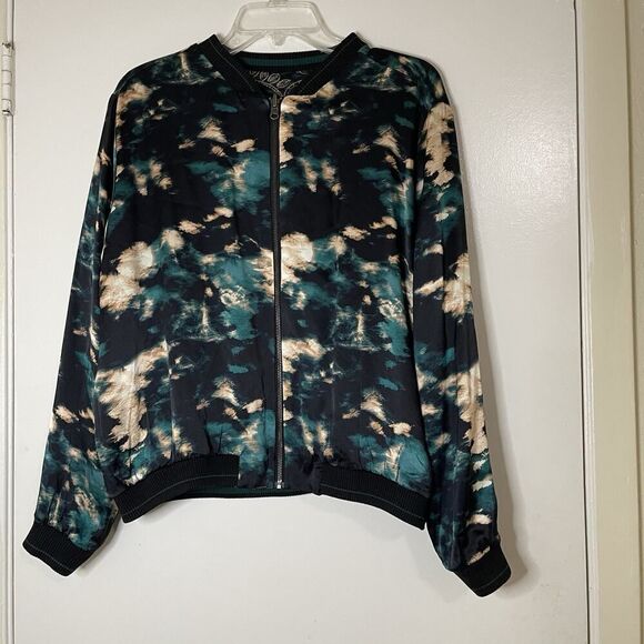 NWOT Johnny Was Workshop Twilight Shadow Reversible Silk Green Bomber Jacket MED - Picture 5 of 8